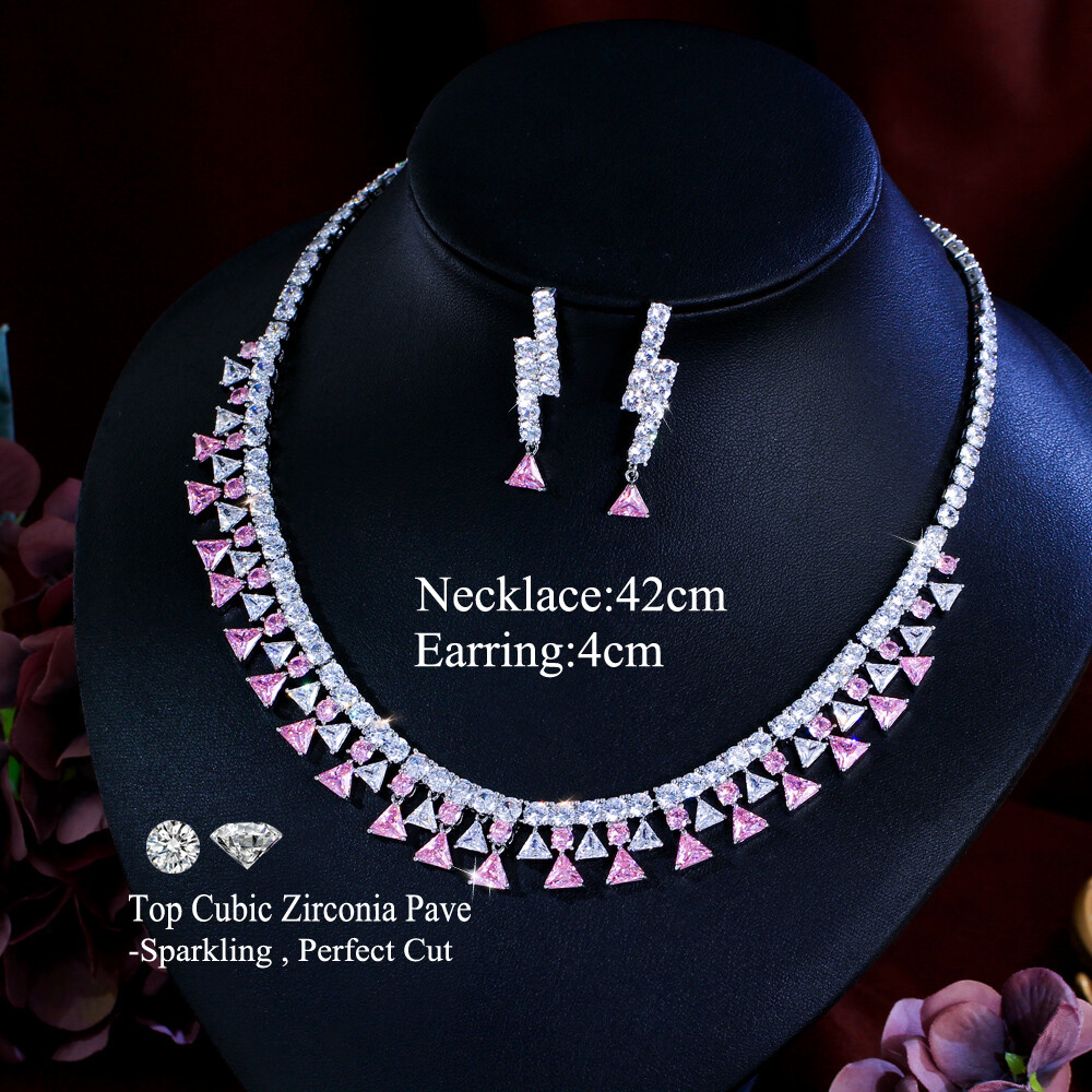 Chic Silver Plated CZ Pink Triangles Square Tennis Necklace Earrings Jewelry Set
