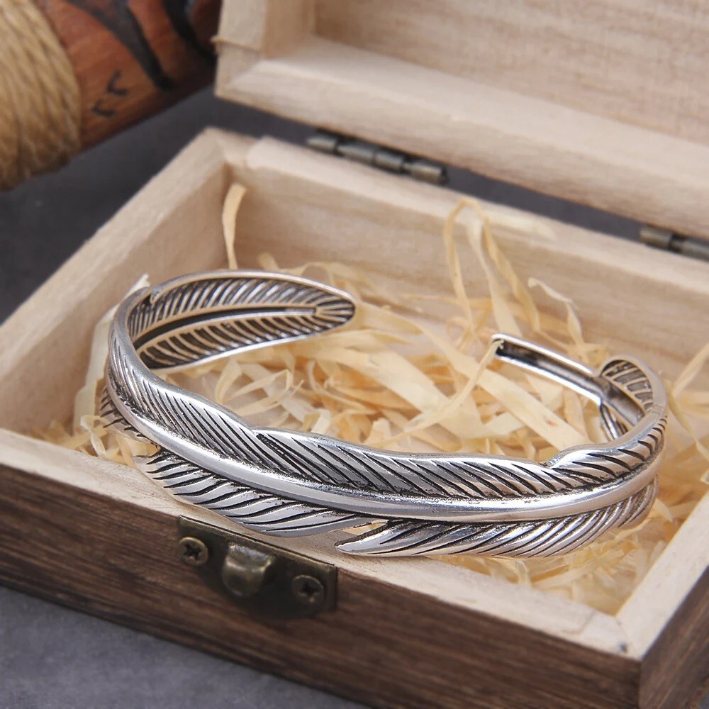 Retro Vintage Feather Cuff Bracelet Silver Alloy Steel Wrist Bangle Jewelry Gift