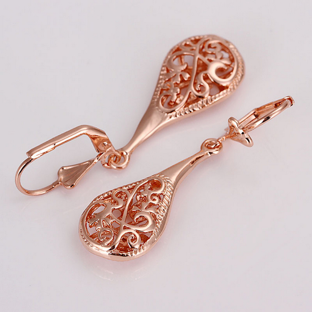 18K Rose Gold Filigree Teardrop Lever Back Drop Dangle Earrings L130
