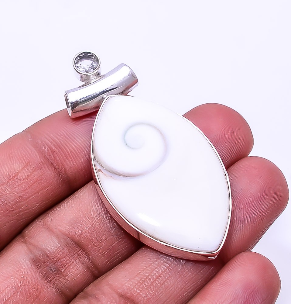 Shiva Eye Shell-Turkey & White Topaz 925 Sterling Silver Pendant 2.07″ P18