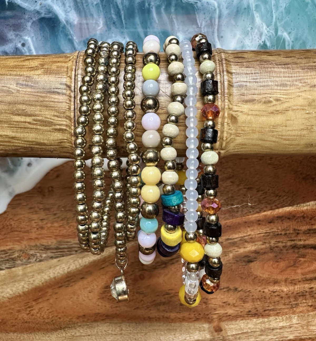 Multicolor Beaded Stretch Stackable Bracelet Set w/ Gold-Tone Ball Beads