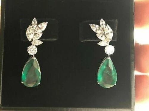 2.50Ct Pear Simulated Emerald Fancy Drop Dangle Earrings 14K White Gold Plated