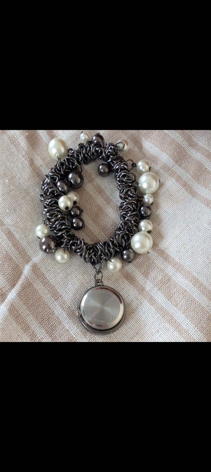 Silver Beaded Charm Stretch Bracelet with Dangle Charm Quartz Watch