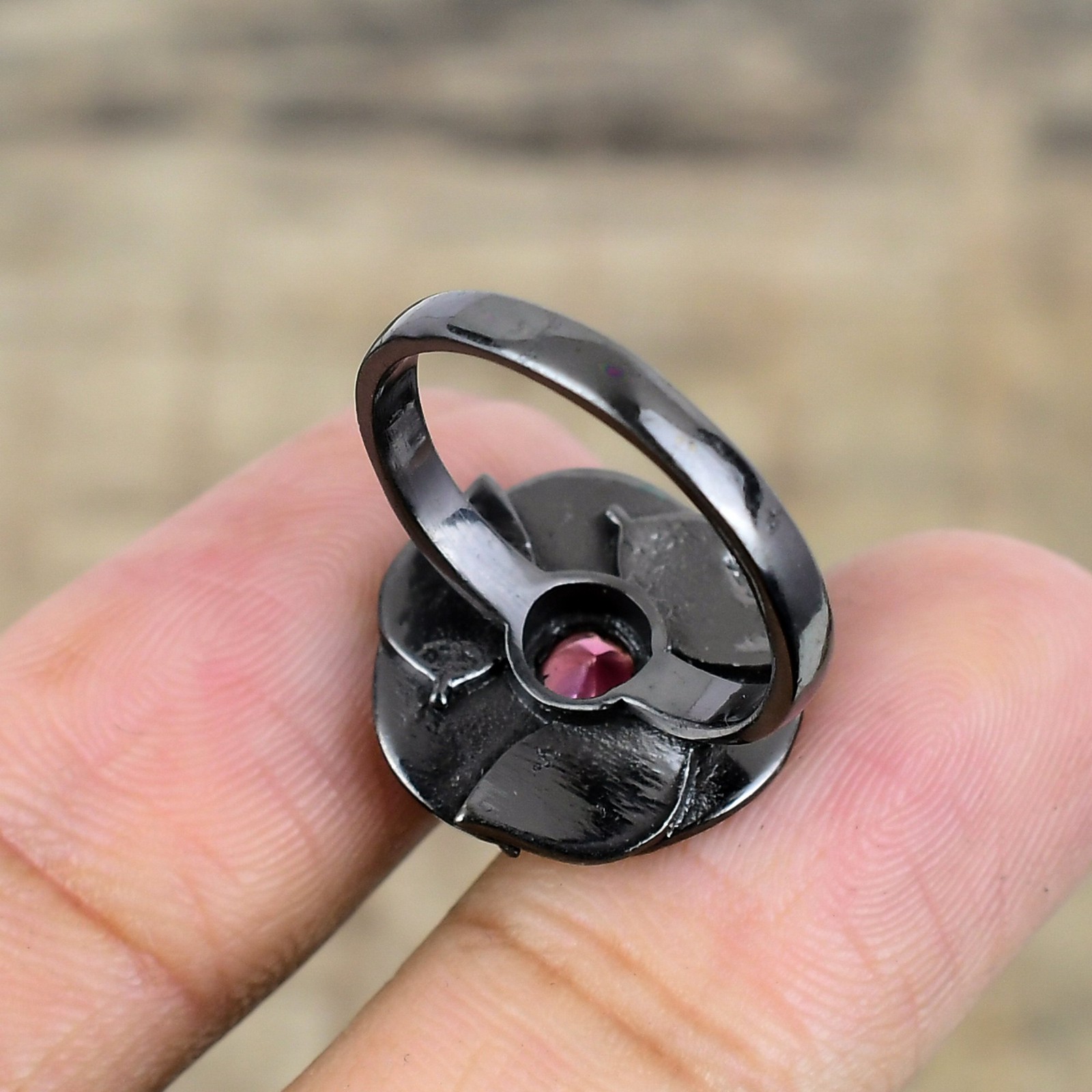 Pink Rubellite Tourmaline Black And Gold Plated 925 Sterling Silver Ring S.9 R17