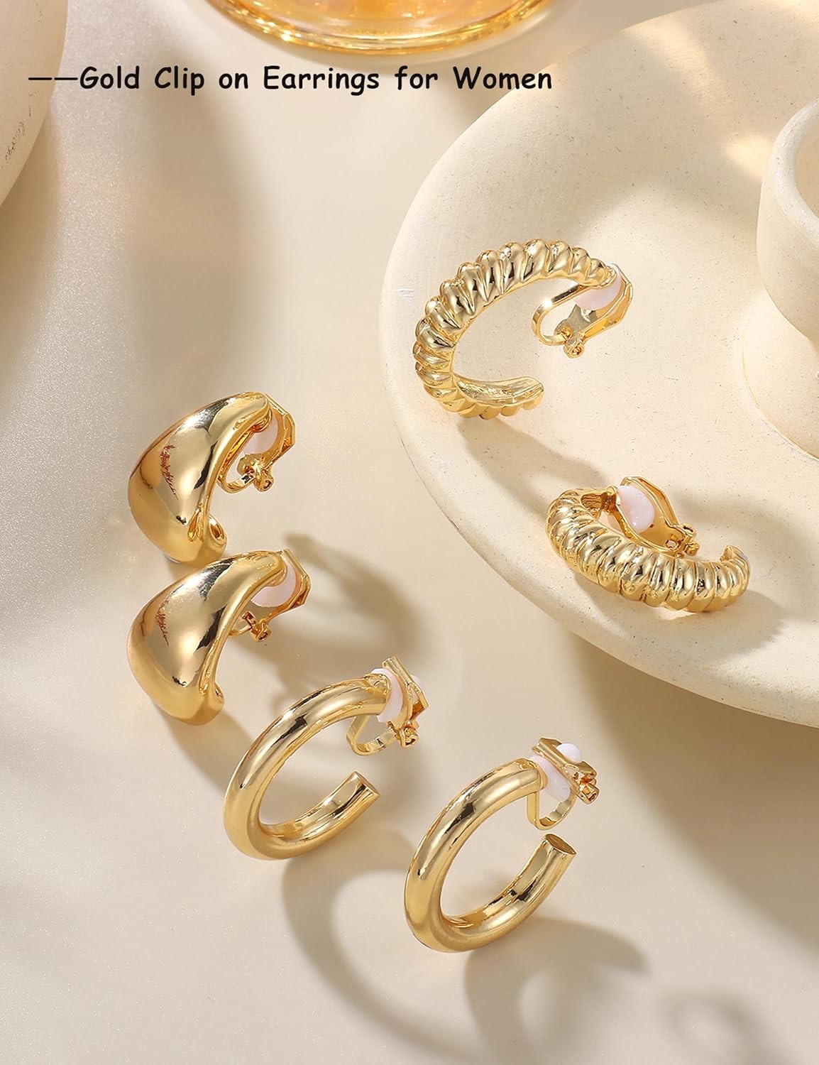 Gold Clip on Earrings for Women Hypoallergenic – 14K Gold Plated Chunky Tube Cro