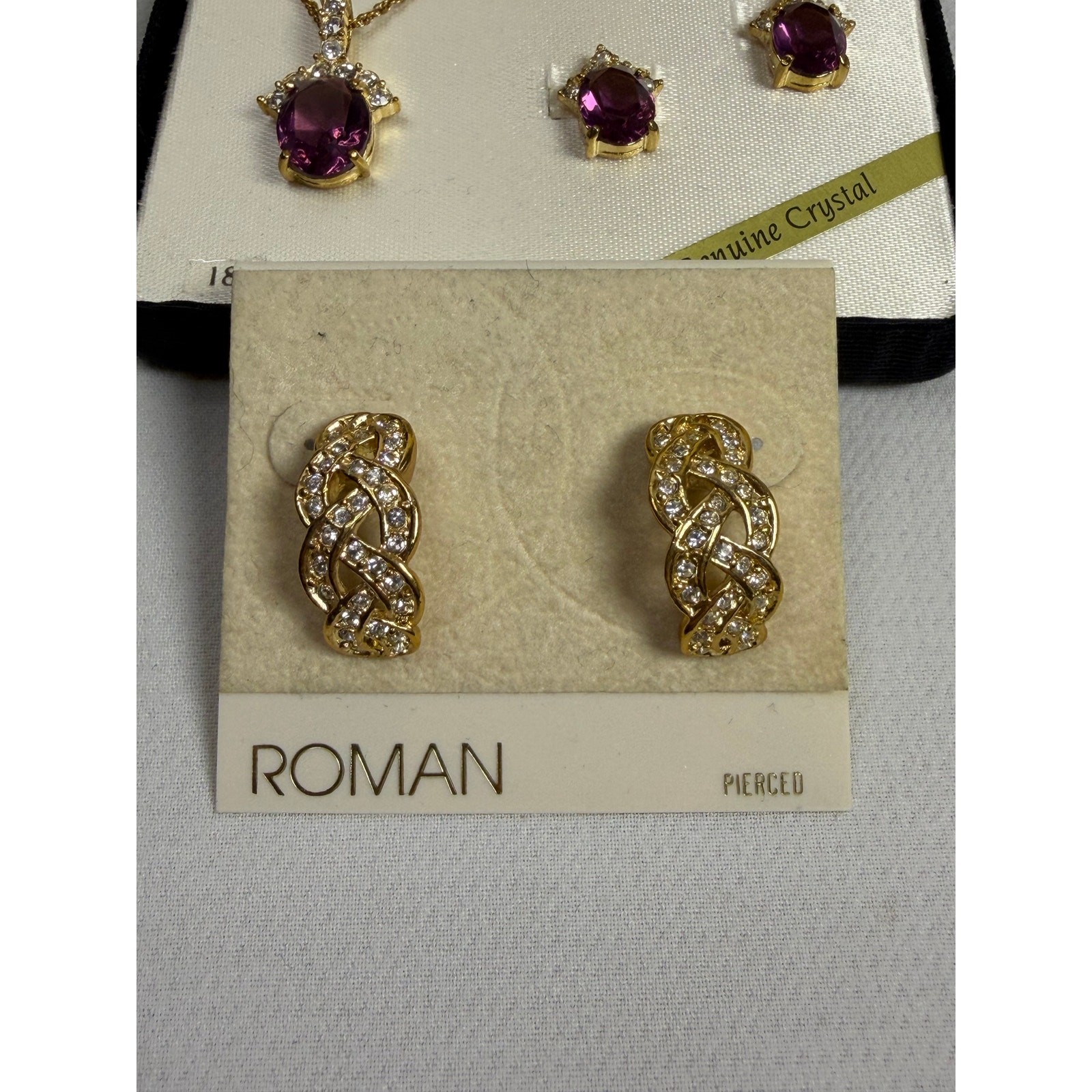 Roman Vintage NOS Gold Tone Necklace and 2 Pairs of Earrings Purple Crystal