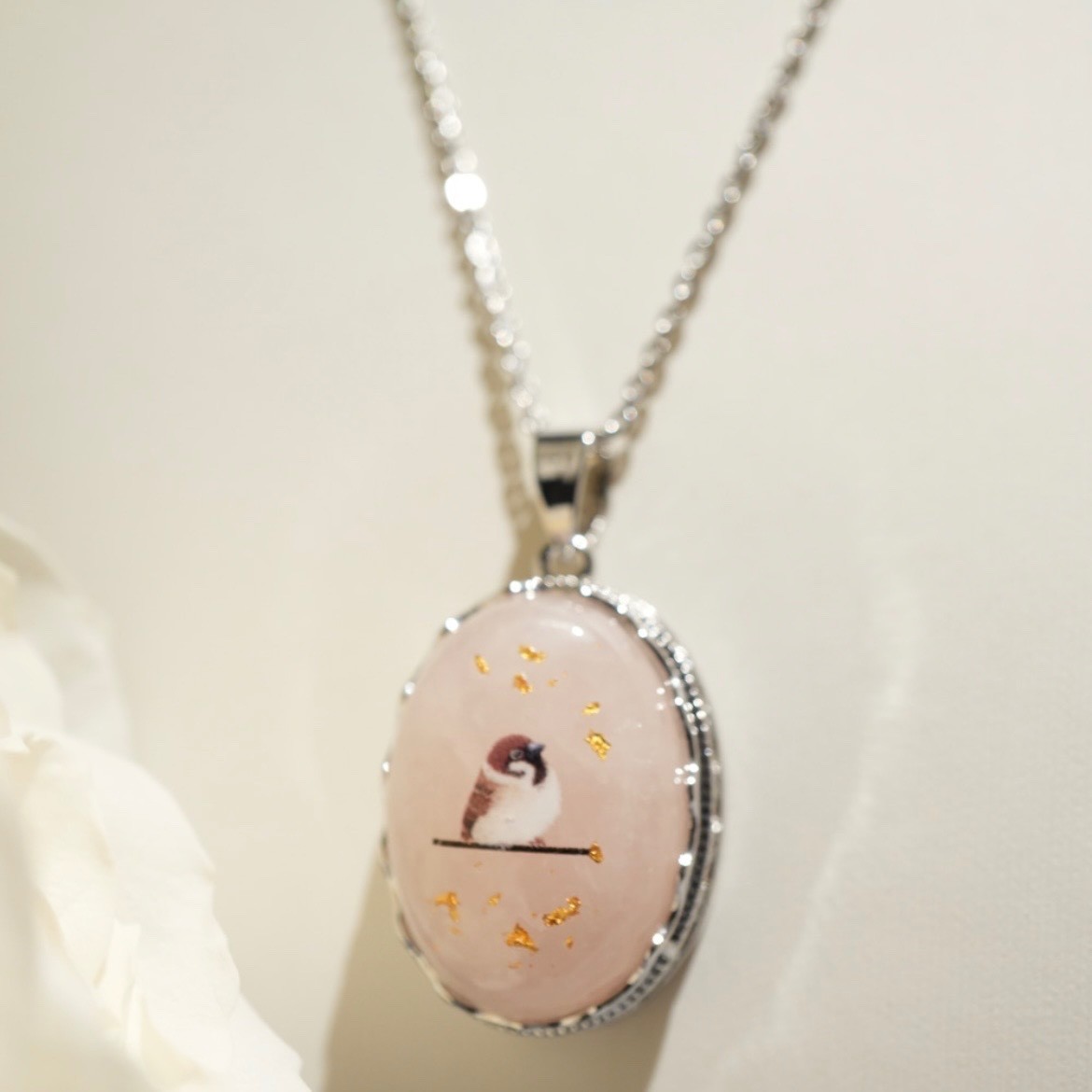 Rose Quartz Sparrow Necklace with Kanazawa Gold Leaf – October Birthstone, Japan