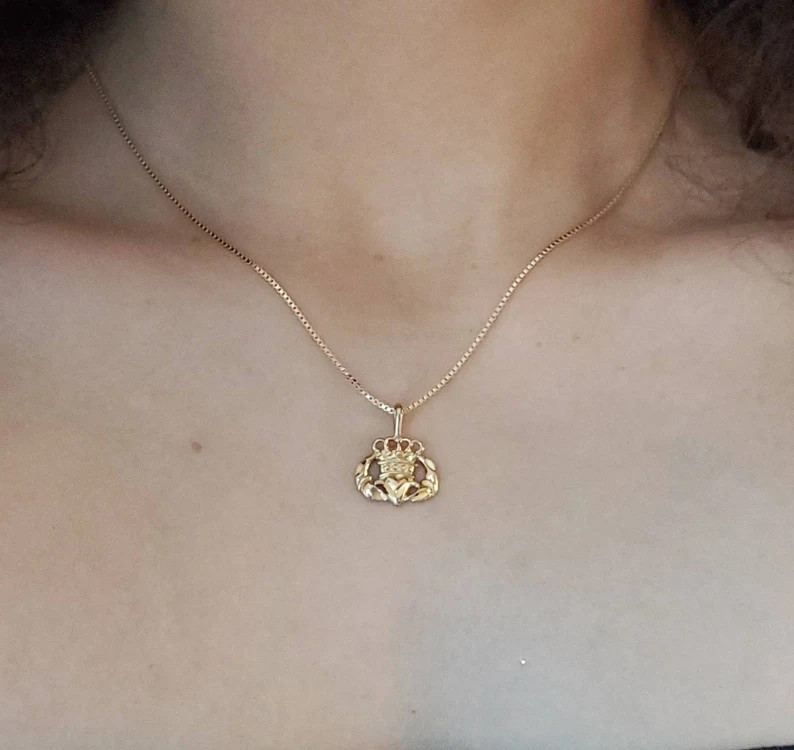 Gold Claddagh Necklace, 14k Heavy Plated Gold, 1mm Box Chain