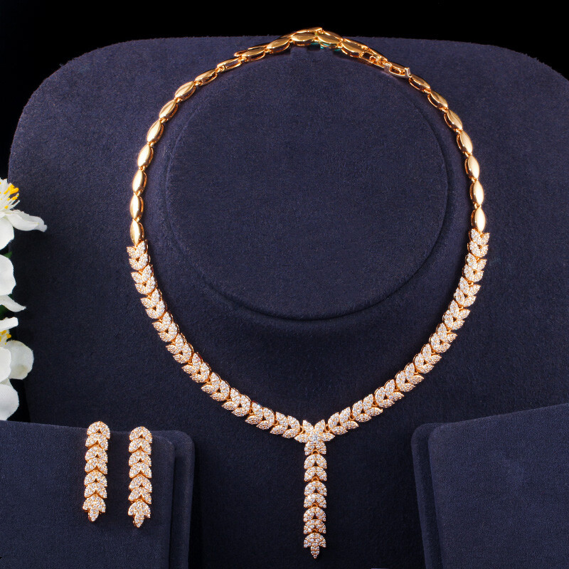 Silver Plated Leaf Necklace and Earrings Dangle Cubic Zircon Wedding Jewelry Set