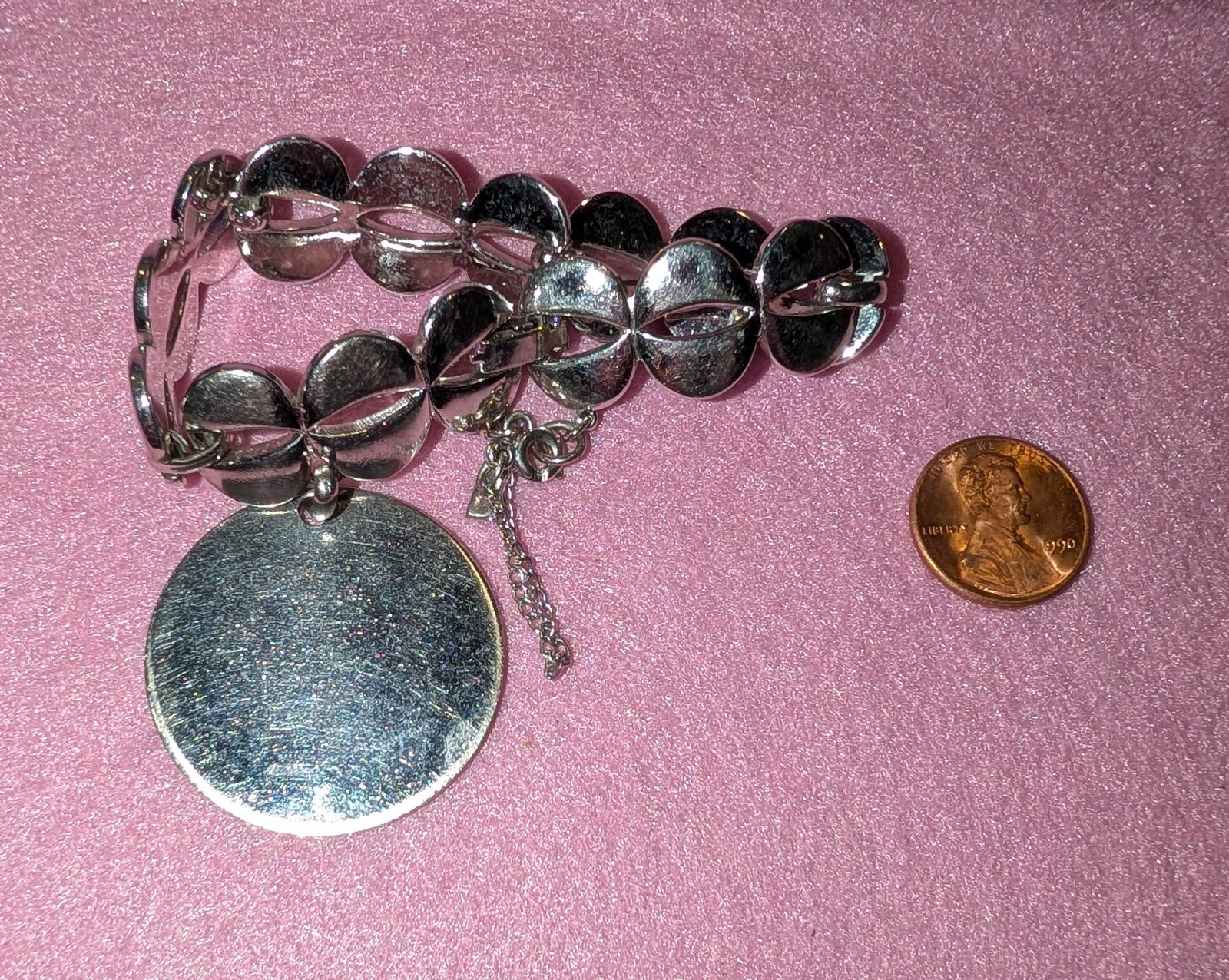 Silver Tone Link Charm Bracelet Round Disc Dangle Adjustable Lobster No Stone