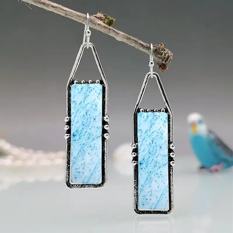 RETRO BOHO STYLE RECTANGLE CUT BLUE RESIN FLAKE MOSAIC DANGLE EARRINGS