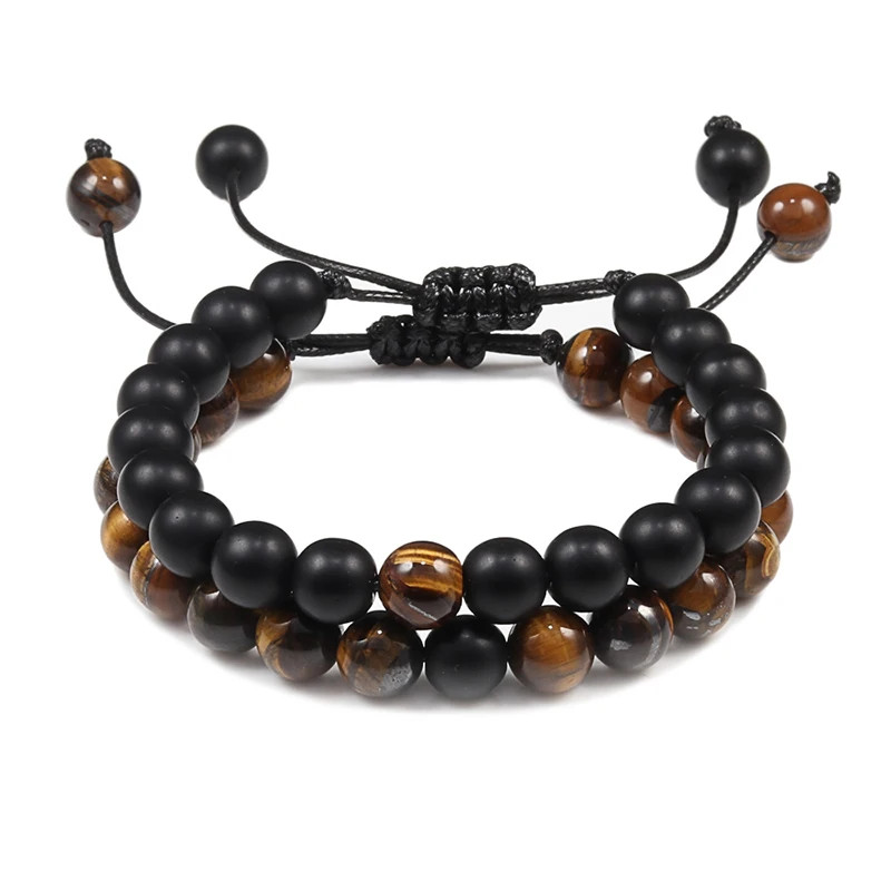 Handmade Adjustable Braided Bracelet Black Lava Stone Crown Tiger Eye Beads