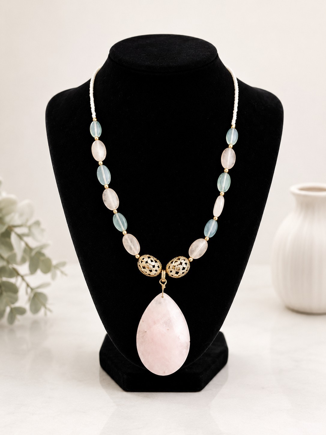 Gold Tone Necklace & Earrings Set Pink Teardrop Pendant Adjustable