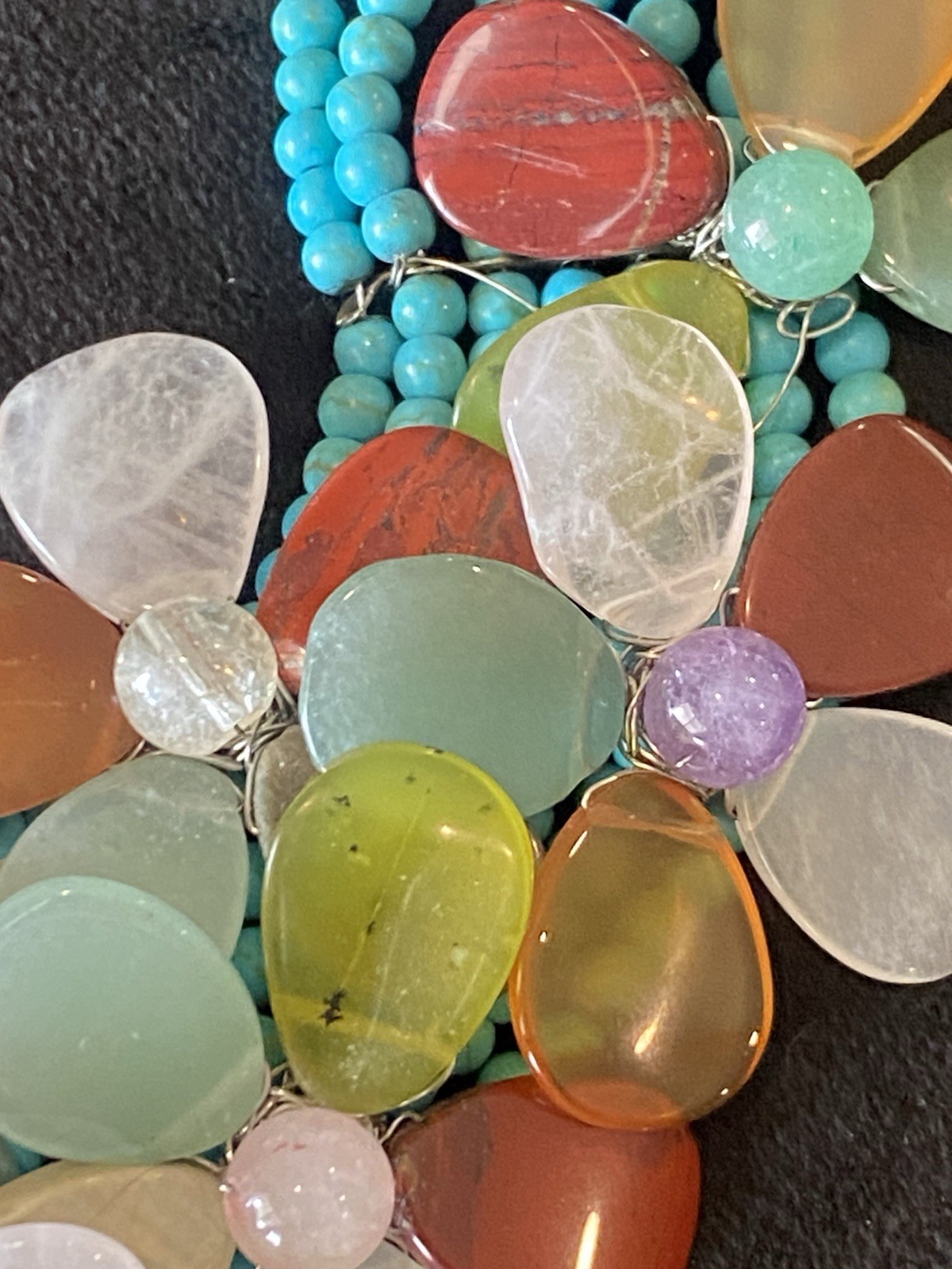Boho Multi-Gemstone Flower Cluster Necklace Turquoise Beads – Statement Piece