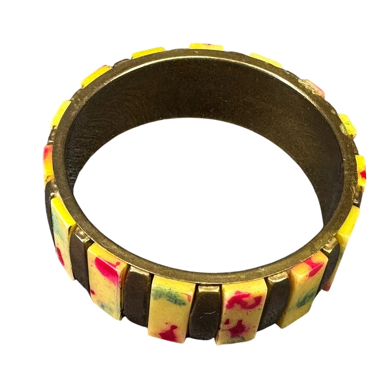 Vintage Color Splatter Splash Painted Bone Inlay Brass Bangle Bracelet
