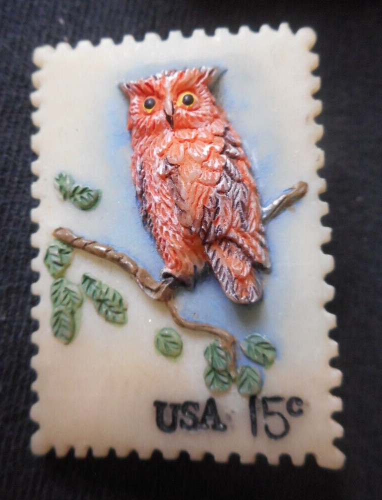 Resin Plastic Owl 15 Cent Postage Stamp Pin Sitting On Tree Limb 1 1/2″ x 1″