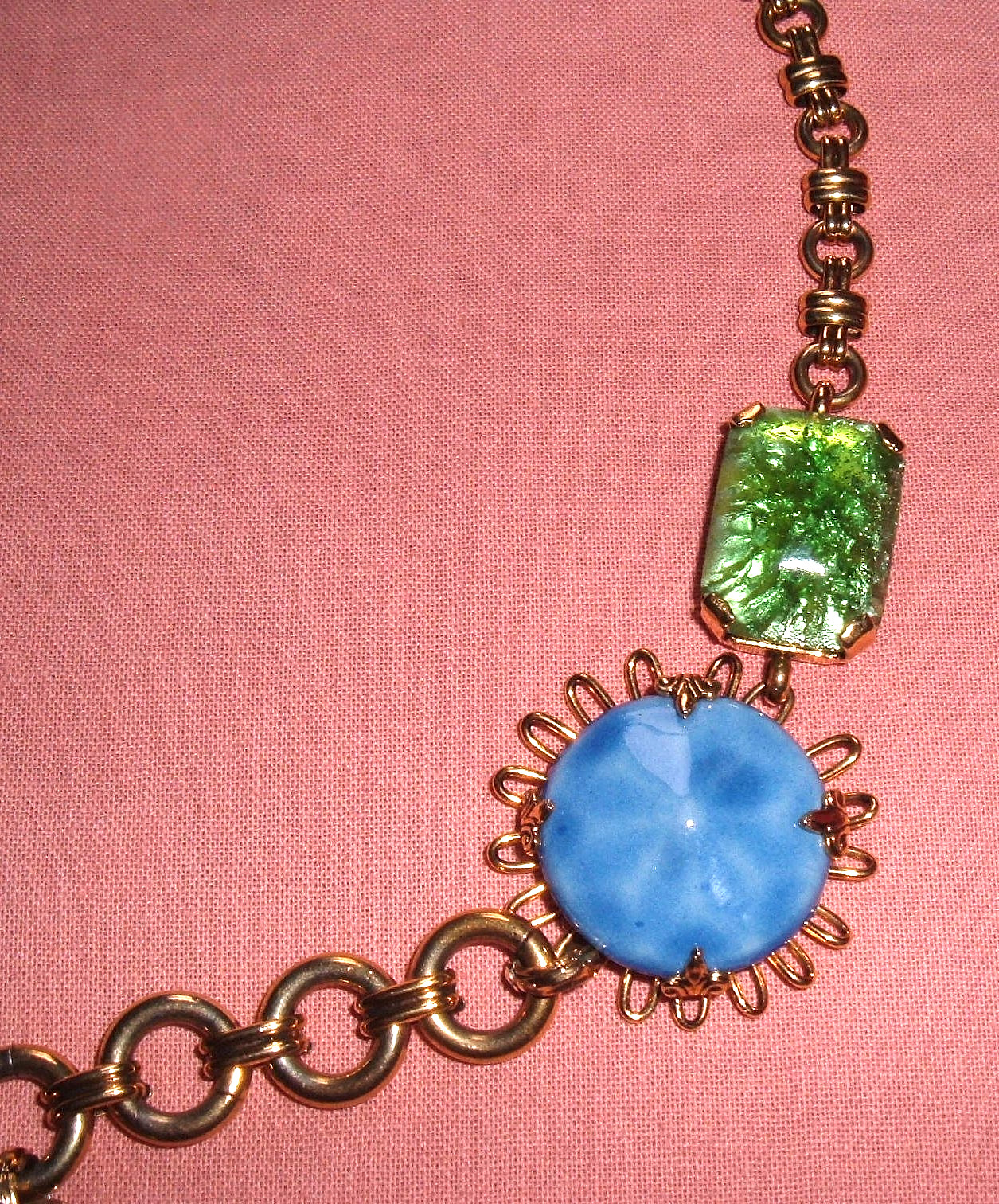 ZOE COSTE FRANCE VINTAGE SIGNED STATEMENT NECKLACE GREEN GOLD