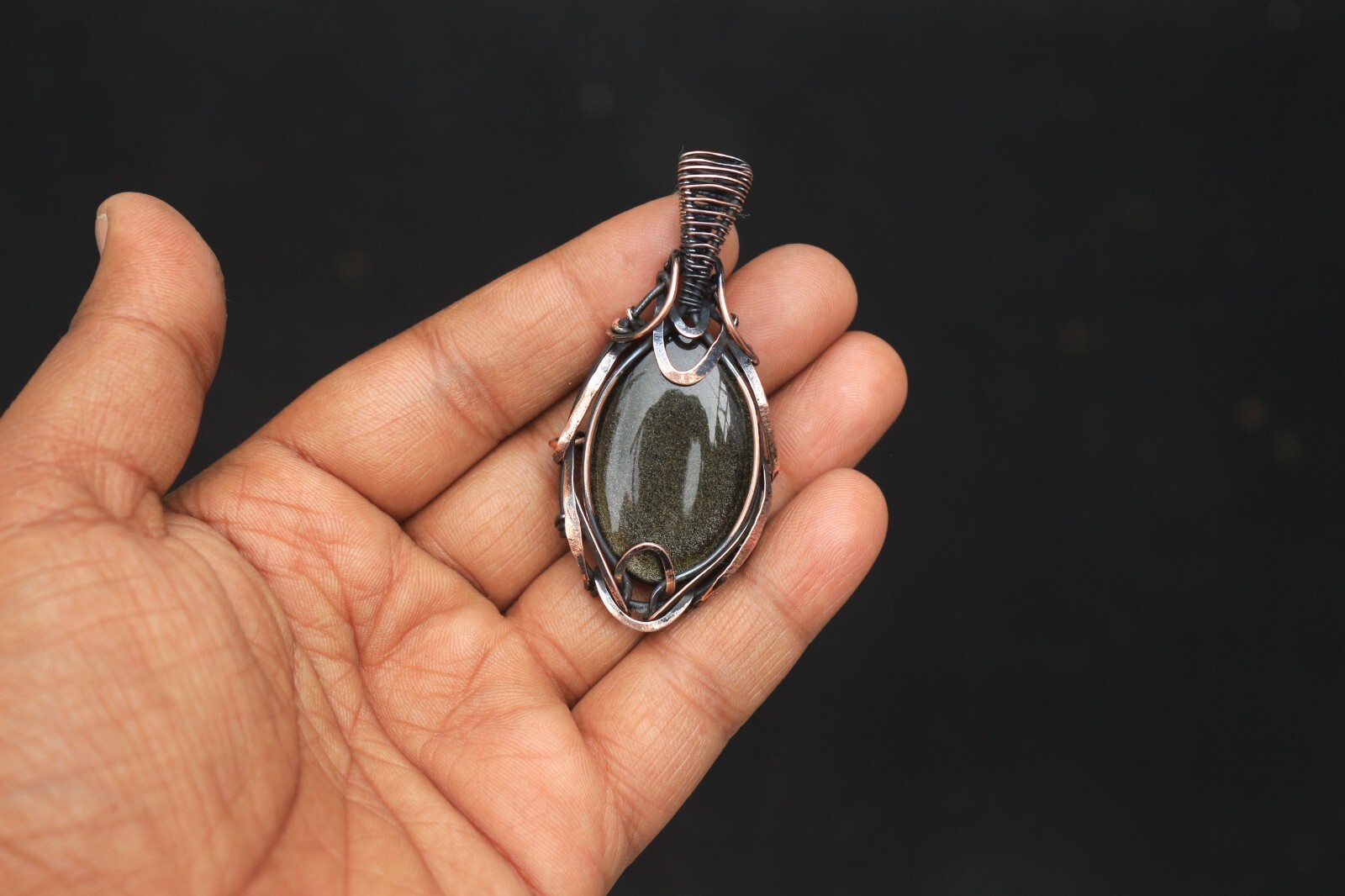 Golden Sheen Obsidian Copper Pendant Wire Wrap Gemstone fashion Jewelry N474