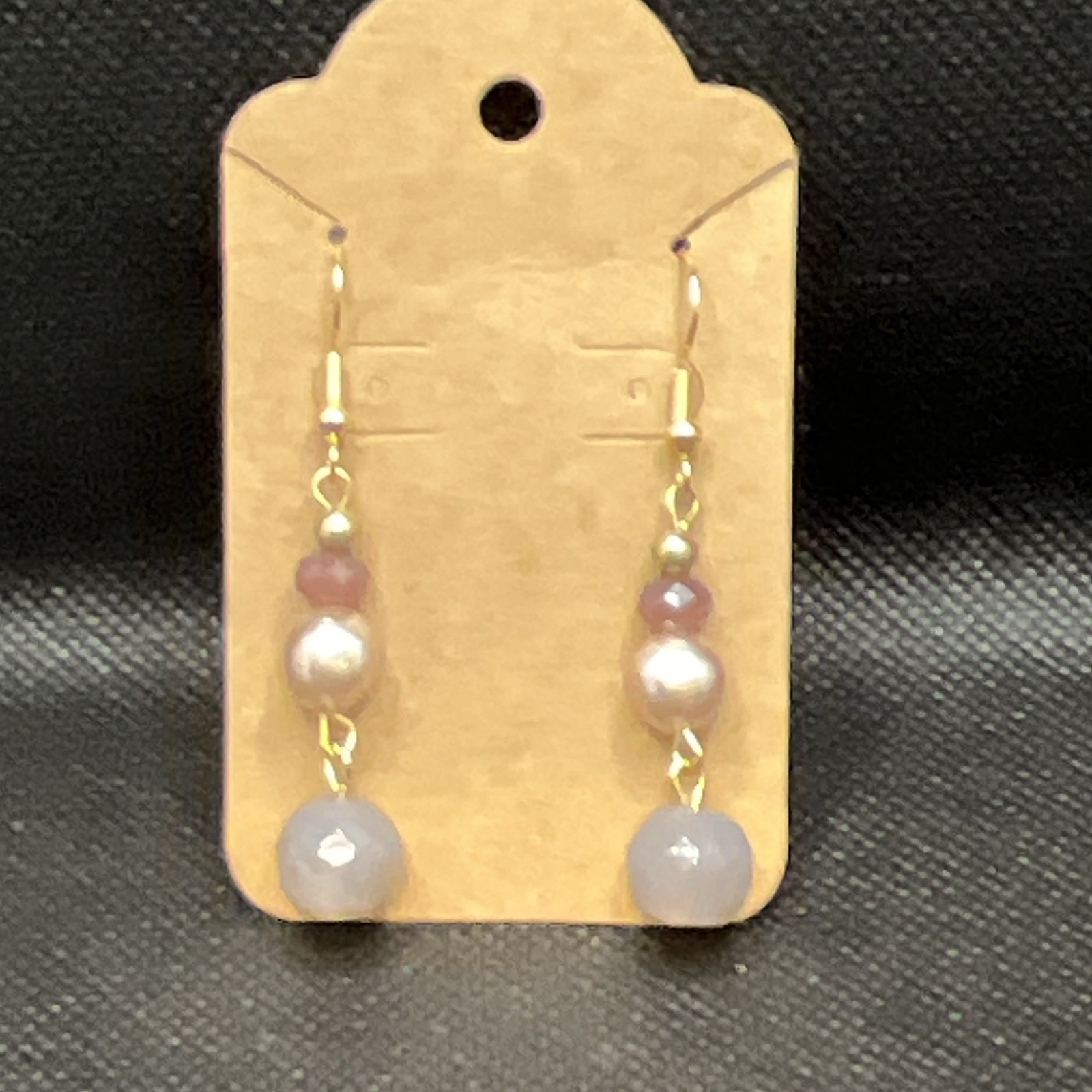 Gold Tone White Pearl & Pink Blue Beaded Dangle Drop Hook Earrings for Lobe