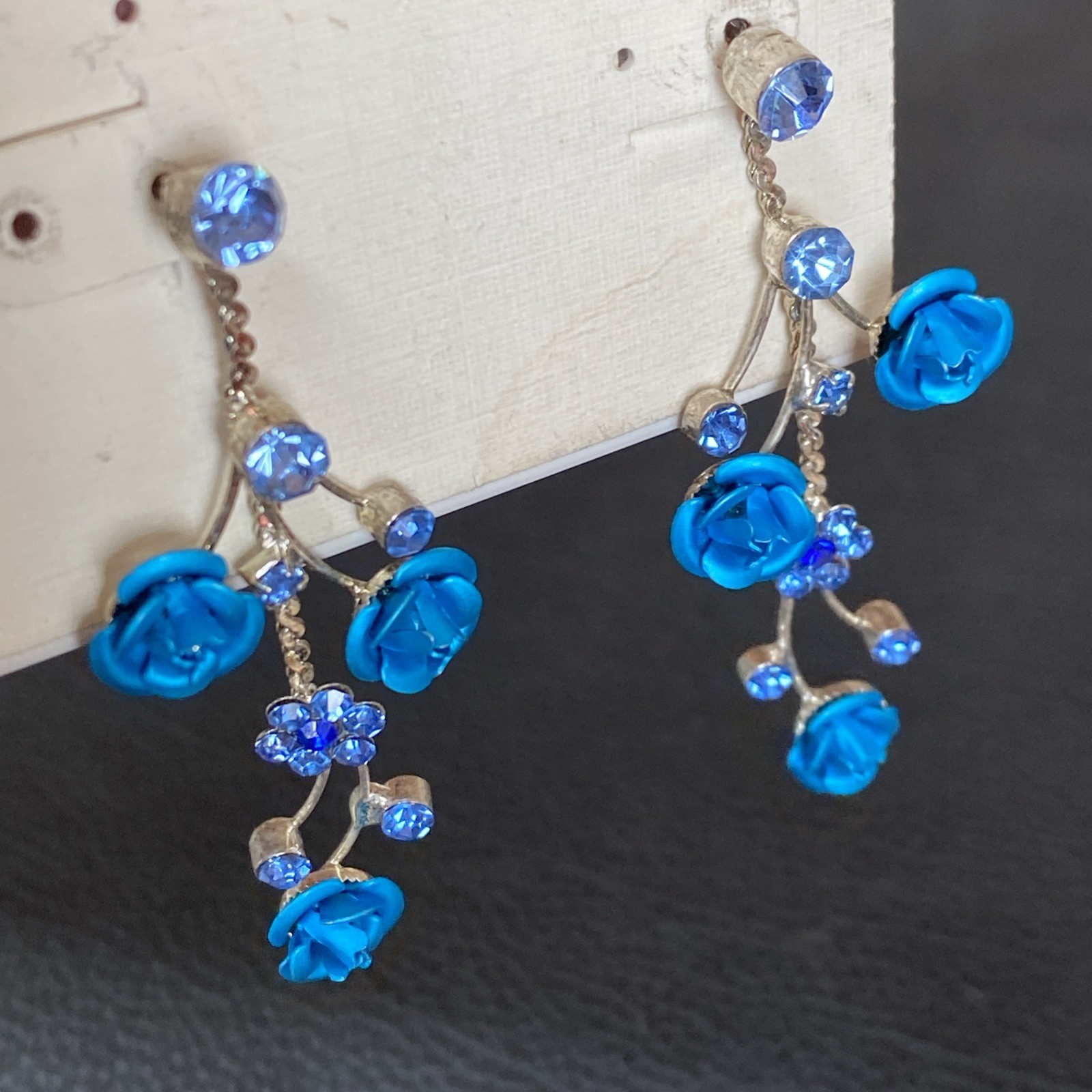 Faceted Blue Rhinestone Retro Aluminum Rose Dangle Silvertone Flower Earrings