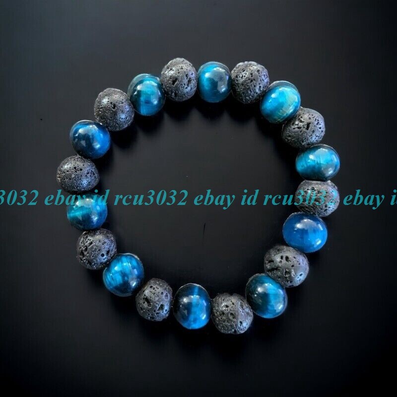 6-12mm Volcanic Lava Stone Blue Tiger’s Eye Beads Bracelet for Women Men 7.5in