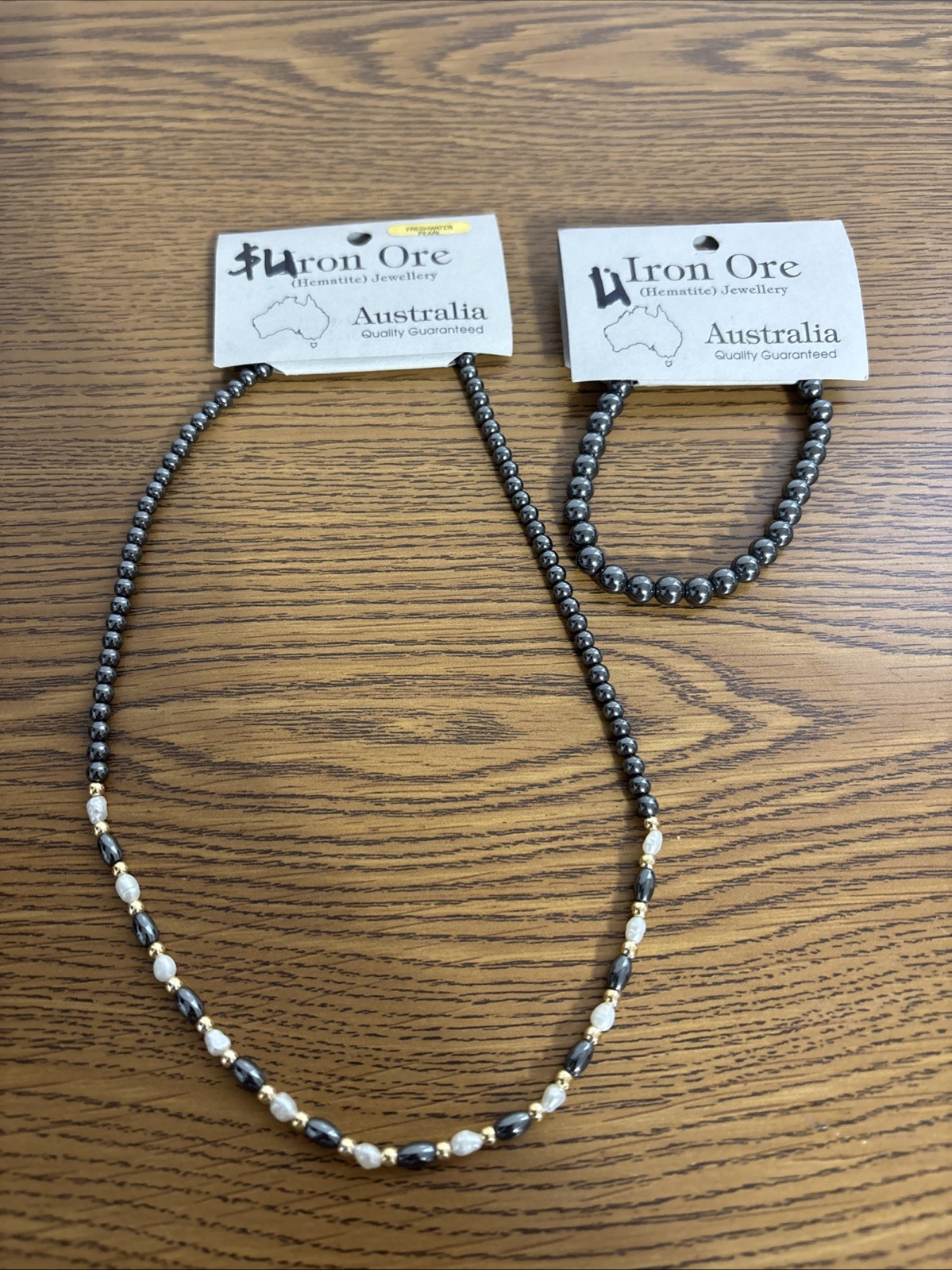 Iron Ore Hematite Bracelet & Fresh Water Pearl Necklace Set Custome Jewelry