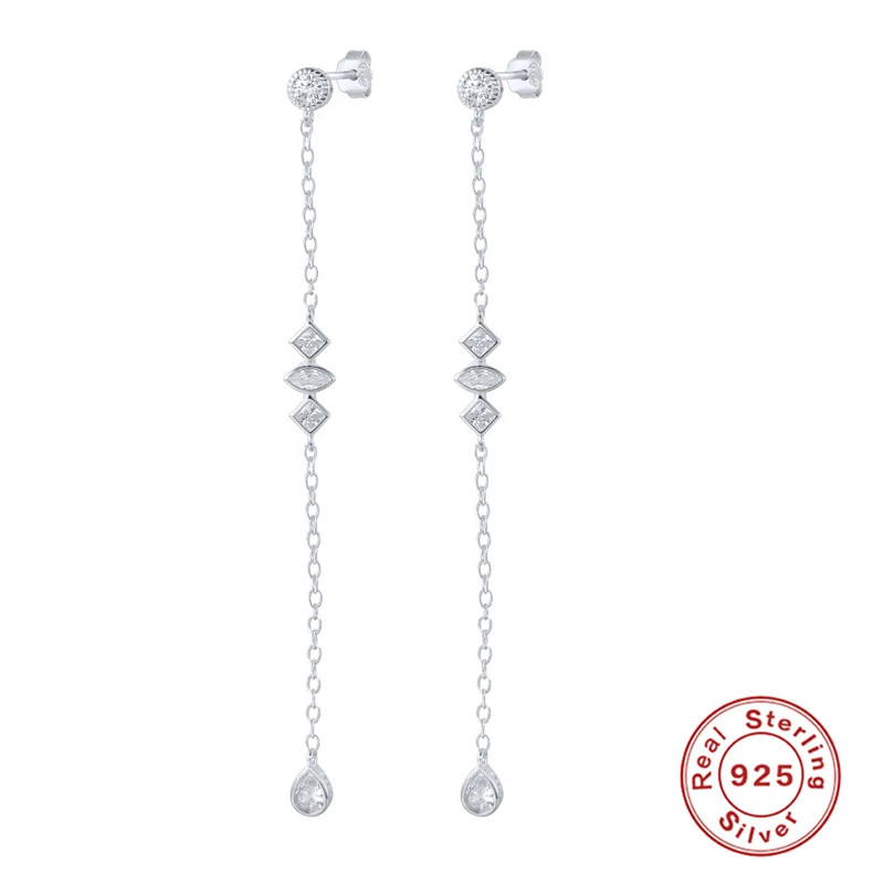 1 Pair 925 Sterling Silver Long Tassel Drop Earrings Women Waterdrop Jewelry