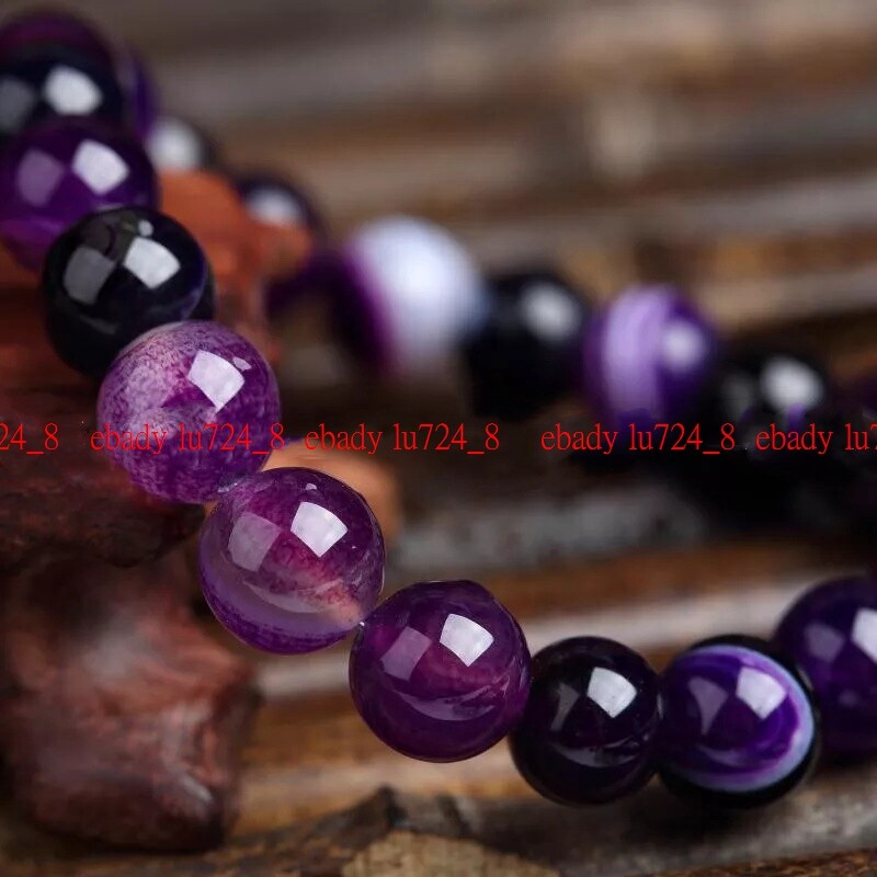 Fashion 6/8/10/12mm Purple Striped Agate Gems Round Beads Elastic Bracelet 7-9″