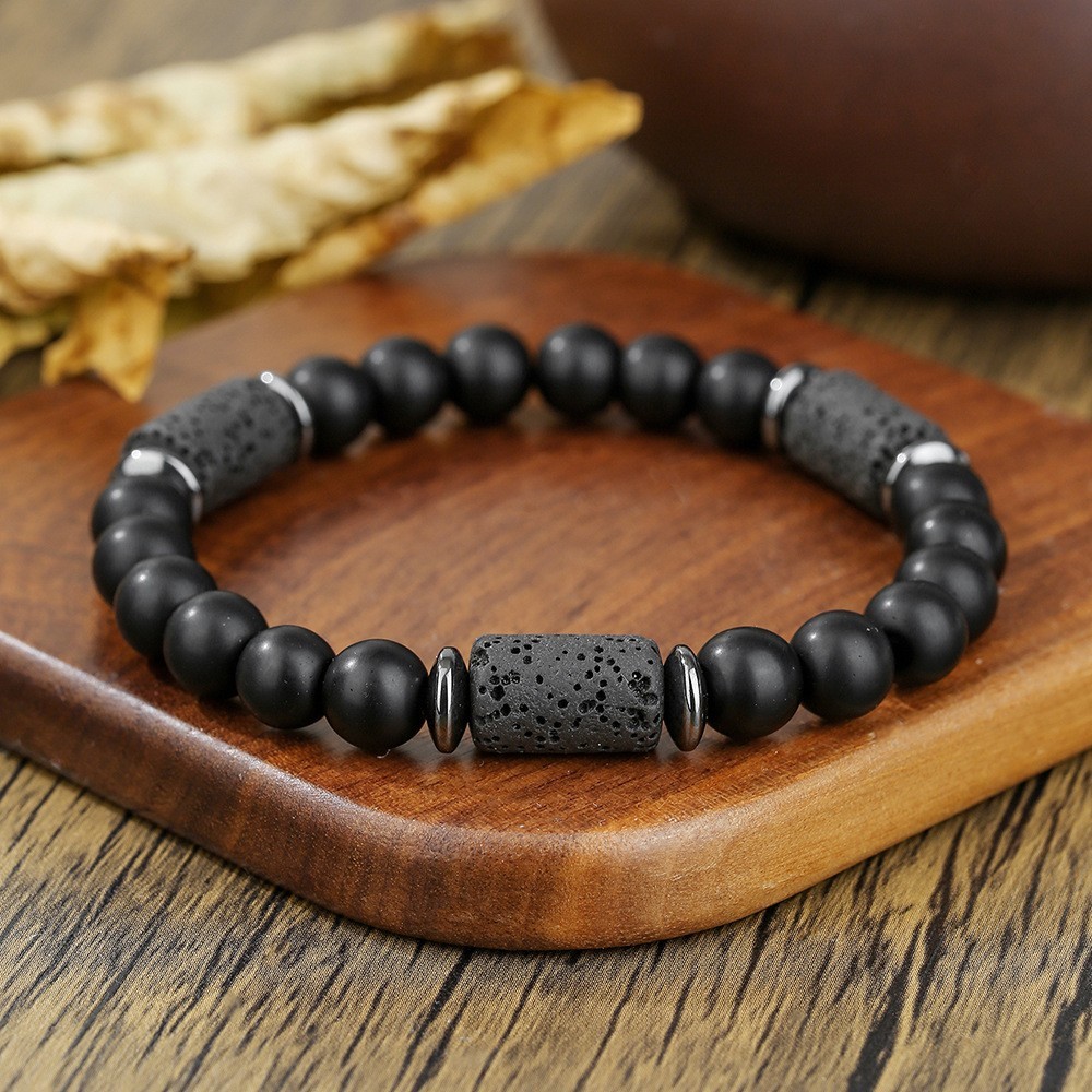 Men’s Bracelet Natural Stone Beaded Hematite Spacer Beads Lava Stone Bracelet