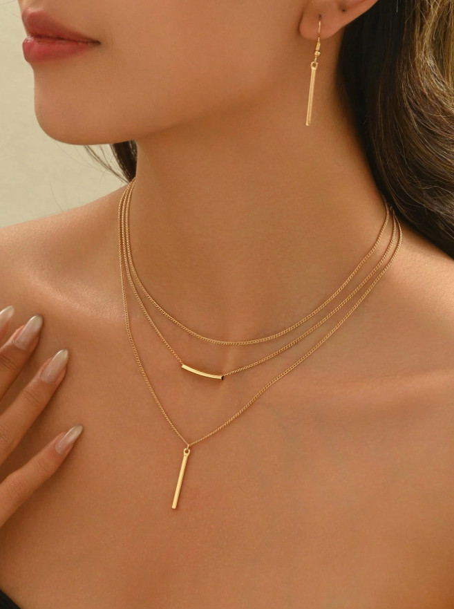 3PCS/Set Layered Women Jewelry Set Necklace Earrings Minimalist Pendant Gift For