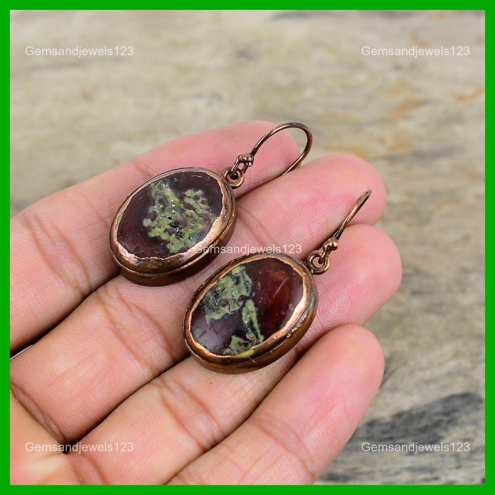 Oval Dragon Bloodstone Gemstone Dangling Electroformed Earrings Jewelry Copper