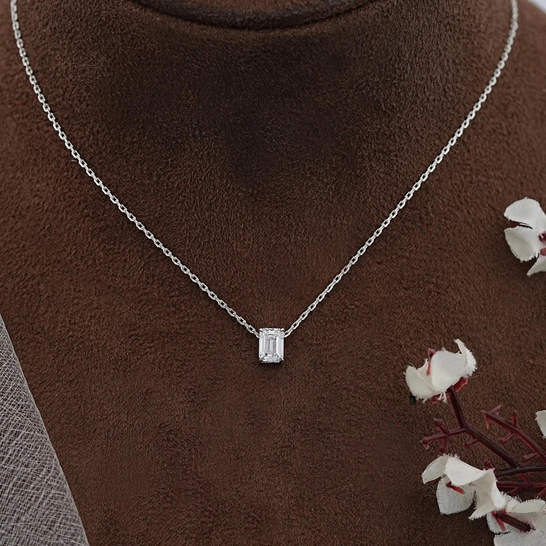Lab Grown Diamond 1.00 Ct Emerald Cut EF VS Solitaire Necklace in 14K White Gold