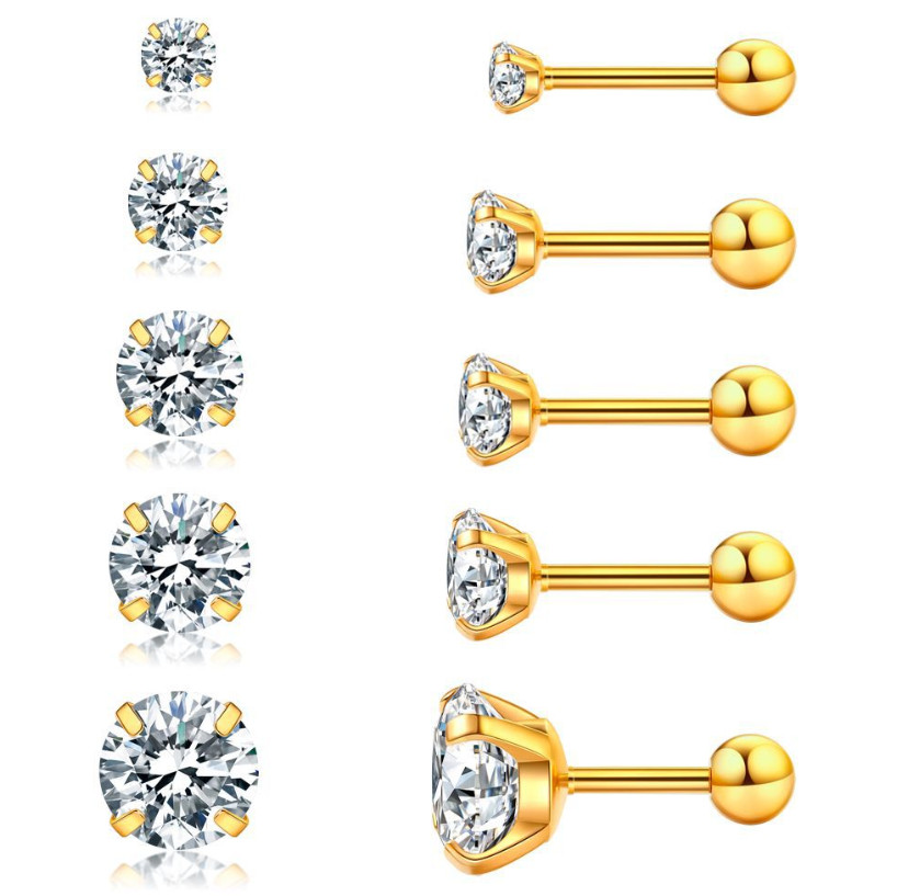 2Pcs Silver Gold Stainless Steel Round CZ Screw Back Stud Earrings for Women Men