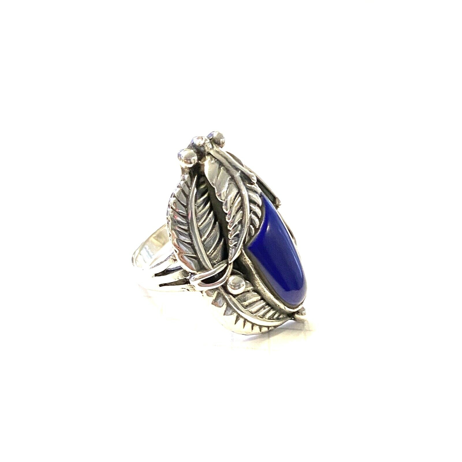 (SIZE 5,6,8,9) LAPIS LAZULI Stone RING Carved Feathers 925 STERLING SILVER