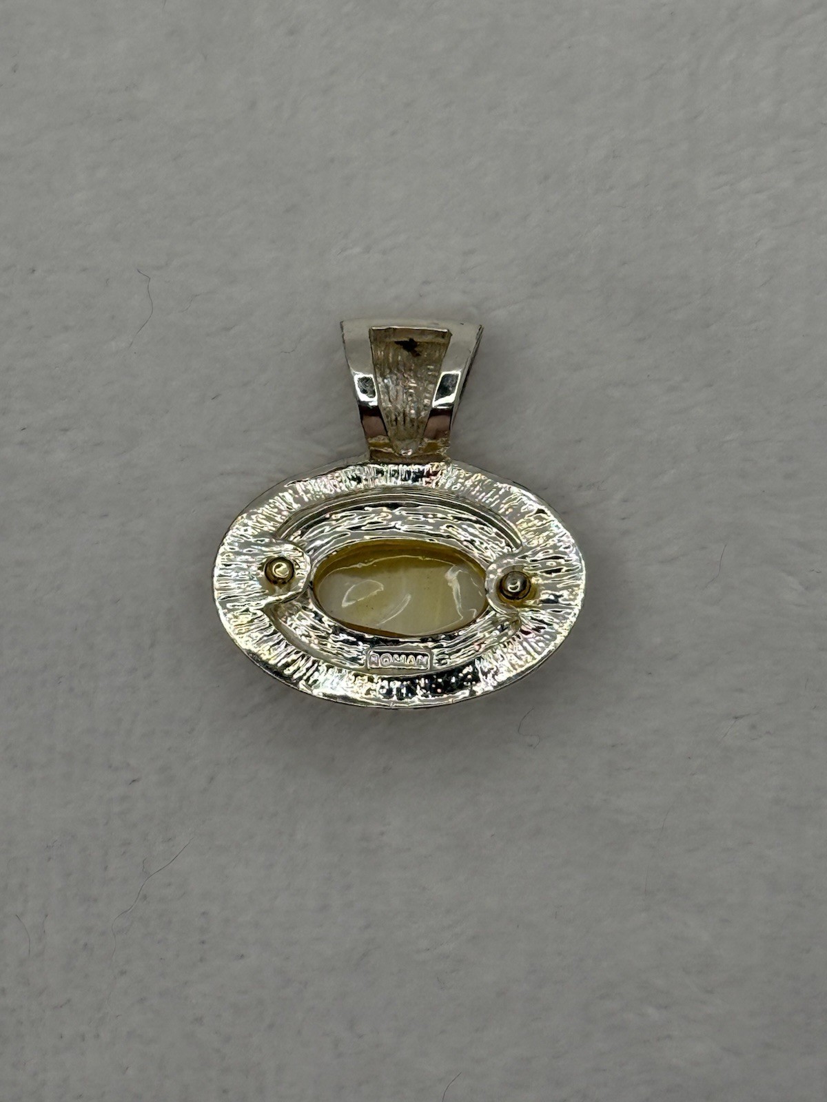 Vintage Roman Signed Silver Tone Oval Charm Pendant White Oval Cabochon Bezel