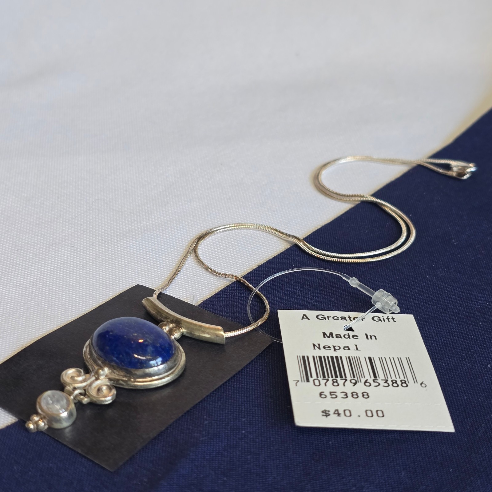 Sterling Silver SERRV Necklace 13.1g Jewelry 17.5″ Chain Lapis Look *READ*