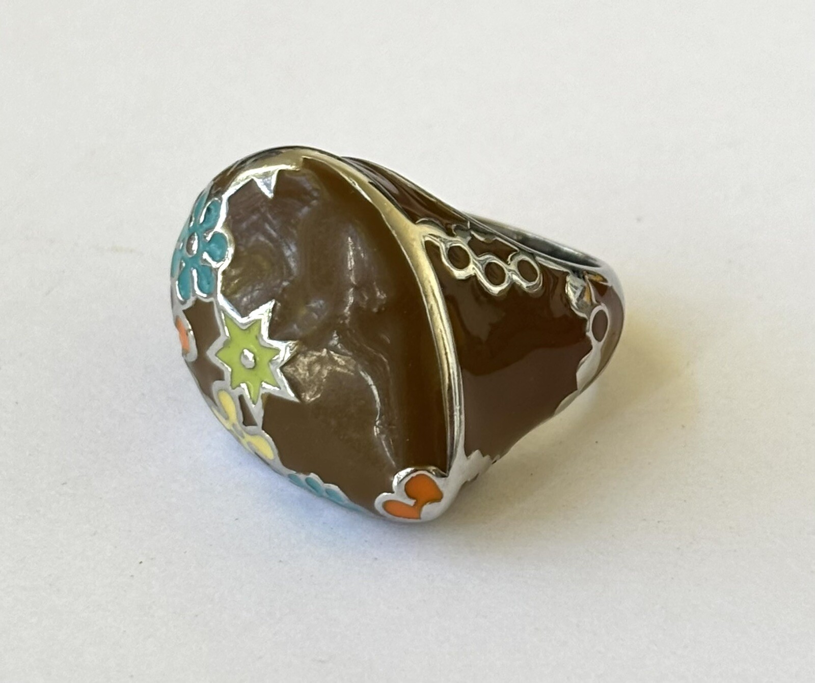 Heavy Ring Brown Enamel Hippies Flowers Stainless Steel Good Quality Size 7