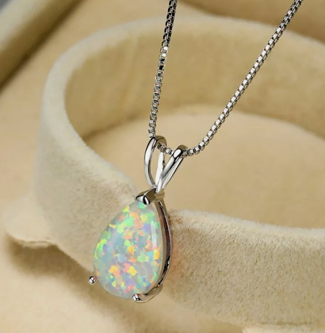 White Opal Pendant Necklace Minimalist Teardrop Opalite Women Silver Jewelry
