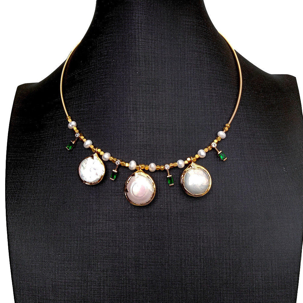 15″ Cultured White Coin Pearl Potato Pearl Cz Pave Choker Charm Necklace