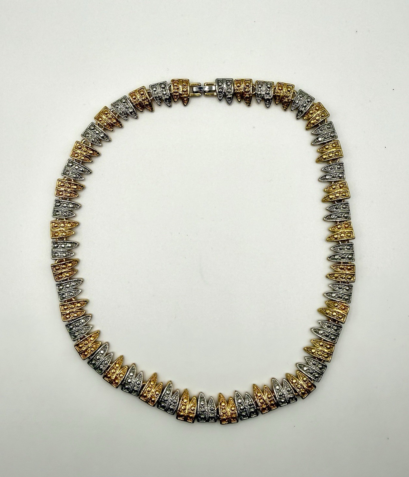 Vintage Two Tone Gold & Silver Tone Link Necklace Geometric Textured Statement