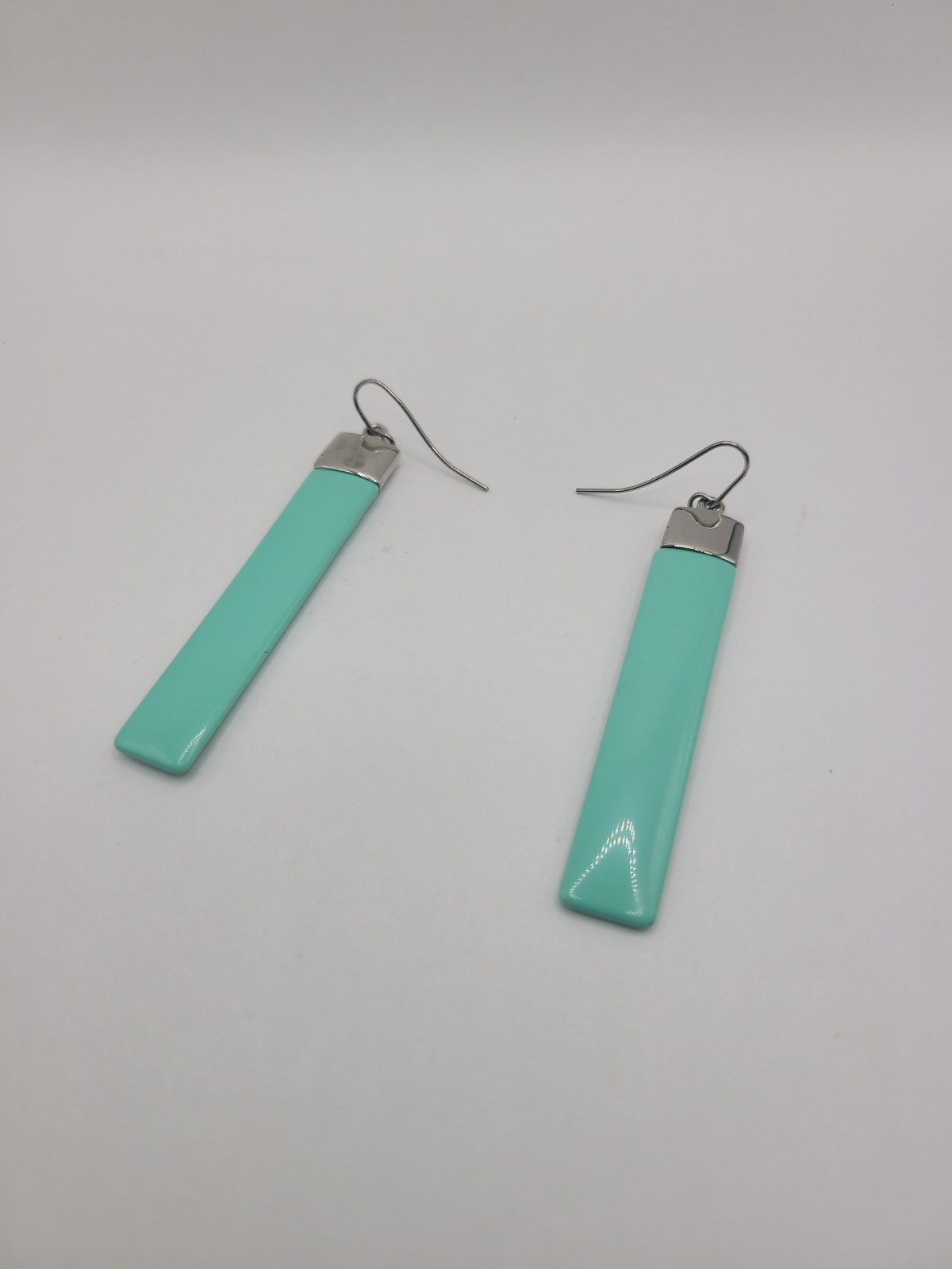 Modern Blue-Green Bar Dangle Earrings Silver Tone Minimalist Geometric Long Drop