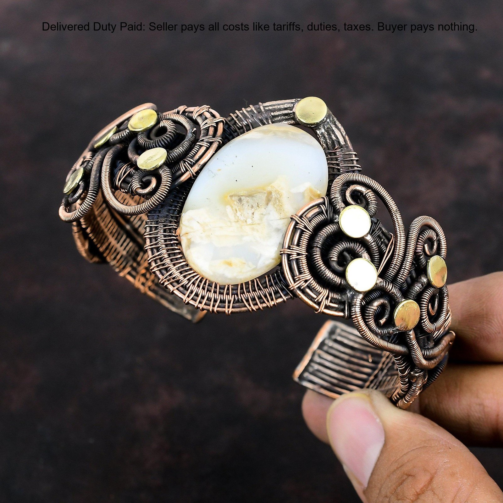 Oval Plume Agate Stone Copper Unique Wedding Wire Wrapped Ethnic Daughter Bangle