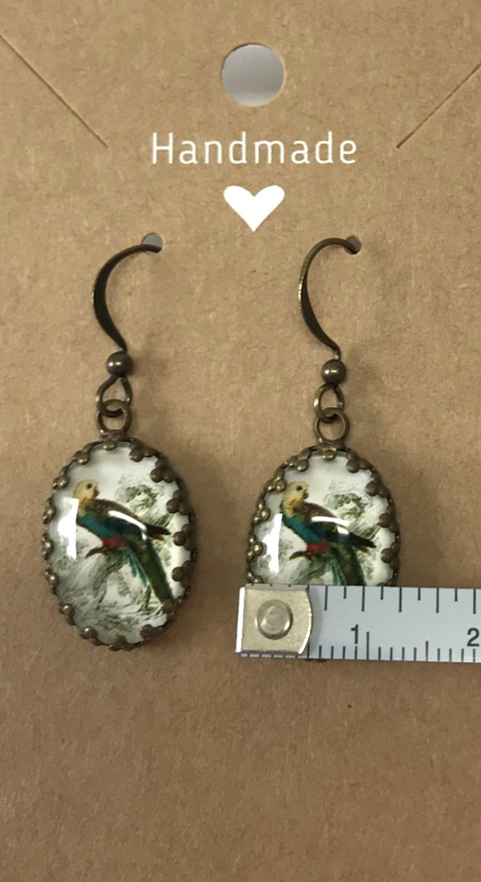 Vintage Style Parrot Bird Image Glass Cabochon Bronze Dangle Hook Earrings