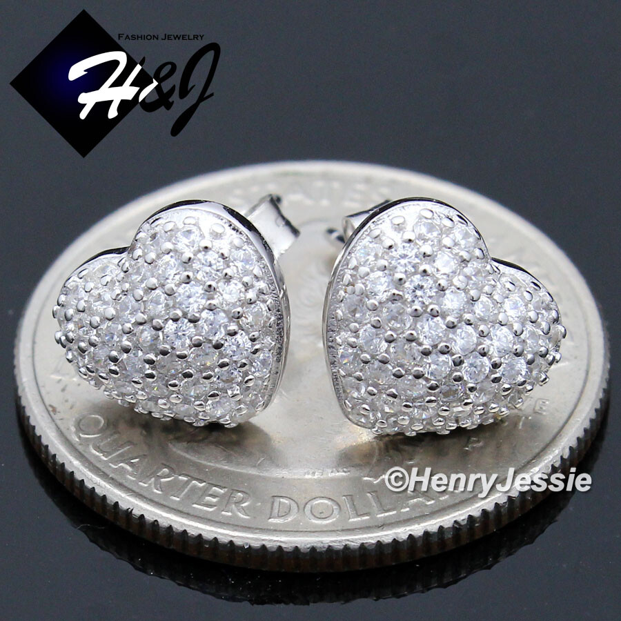 WOMEN 925 STERLING SILVER ICY BLING CZ 3D HEART SHAPE PUSH BACK STUD EARRING*165