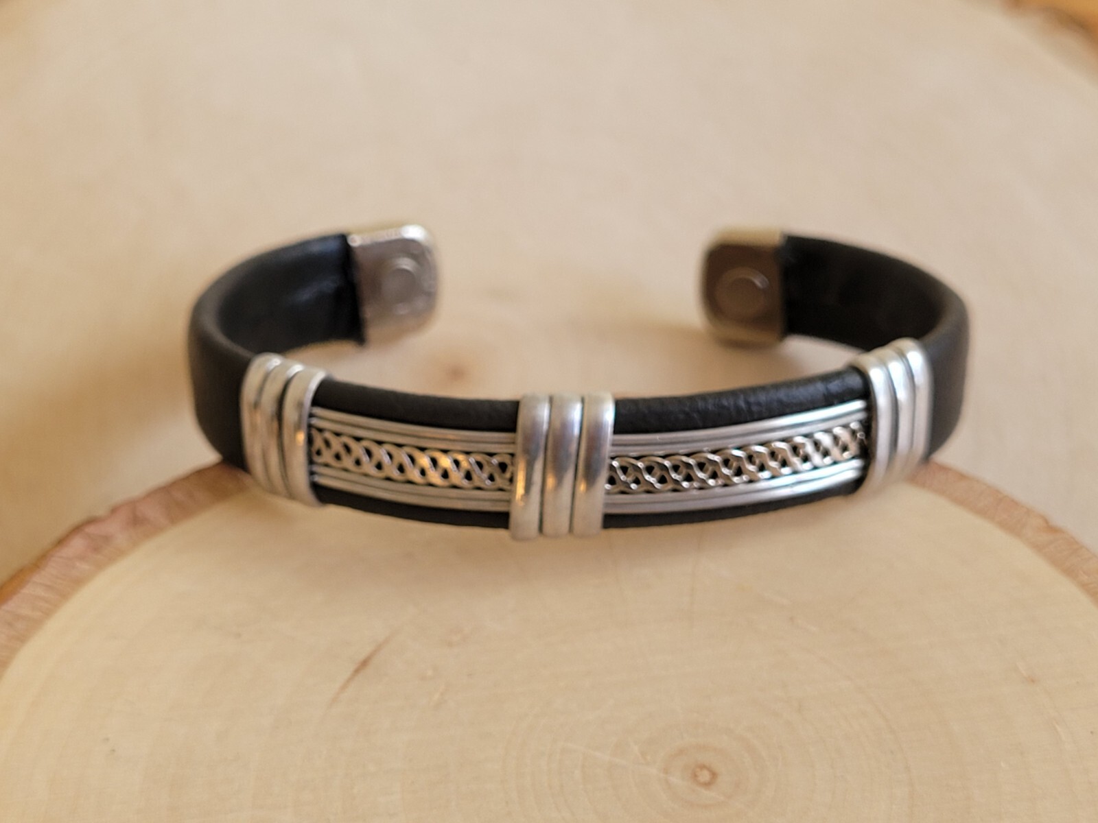 Solid Copper Leather Wrapped Magnetic Bracelet Men Women Energy Pain Silver Mesh