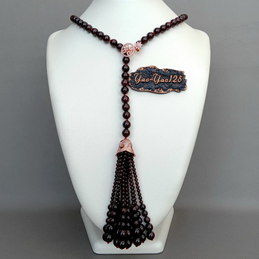 Natural Round Garnet Y-Drop Necklace Graduated Tassel Cz Pave Cap Pendant 29″