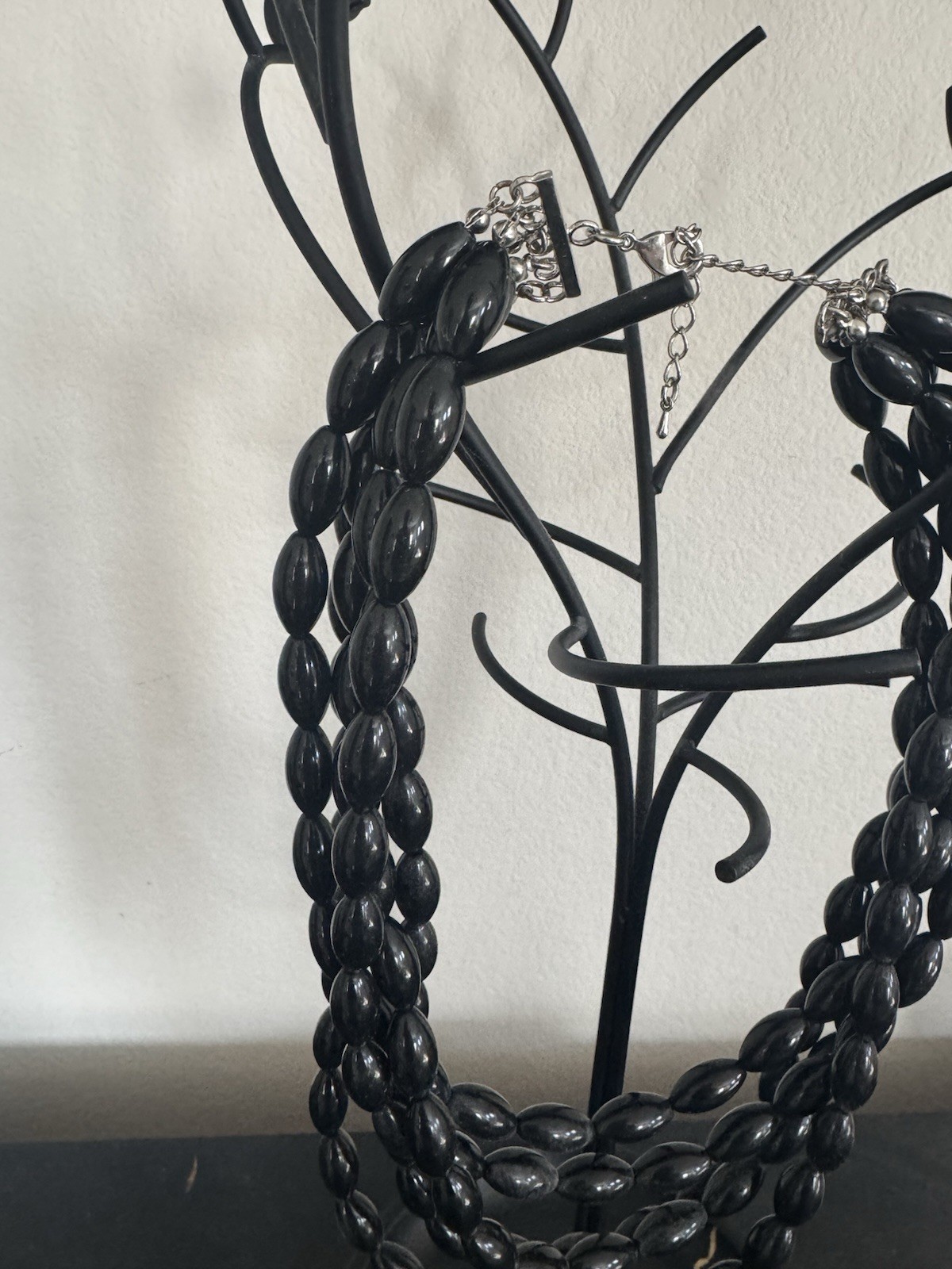 Black Oval Beaded Layered Multi-Strand Necklace Silver-Tone Clasp