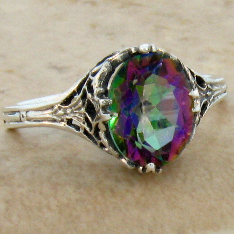 CLASSIC STYLE MYSTIC QUARTZ 925 STERLING SILVER SOLITAIRE FILIGREE RING 439X