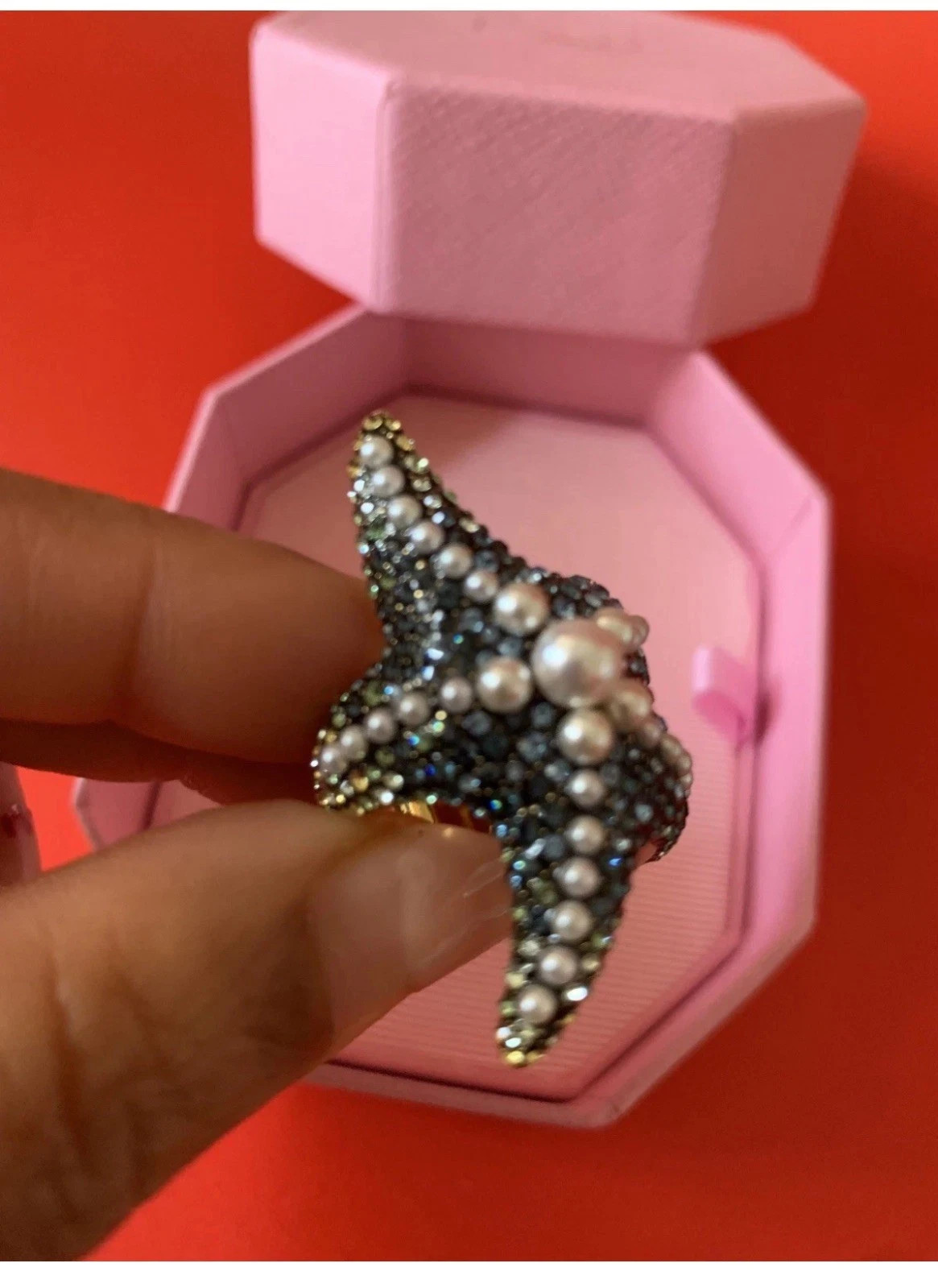 Swarovski Idyllia Starfish Cocktail Ring Multicolor Crystals Pearl Gold Tone Siz