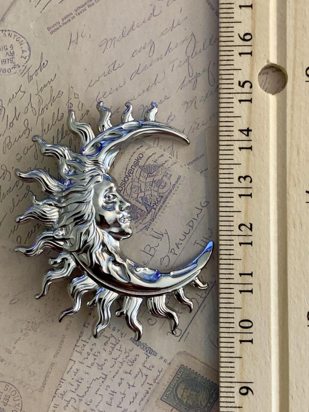 Silver Metallic Celestial Sun Rays Crescent Moon Face Brooch